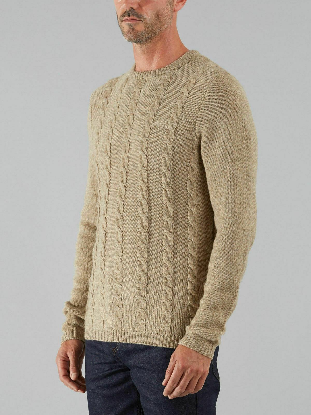 Farah TOPLEY khaki lambswool marl cable knit pattern front crew neck jumper