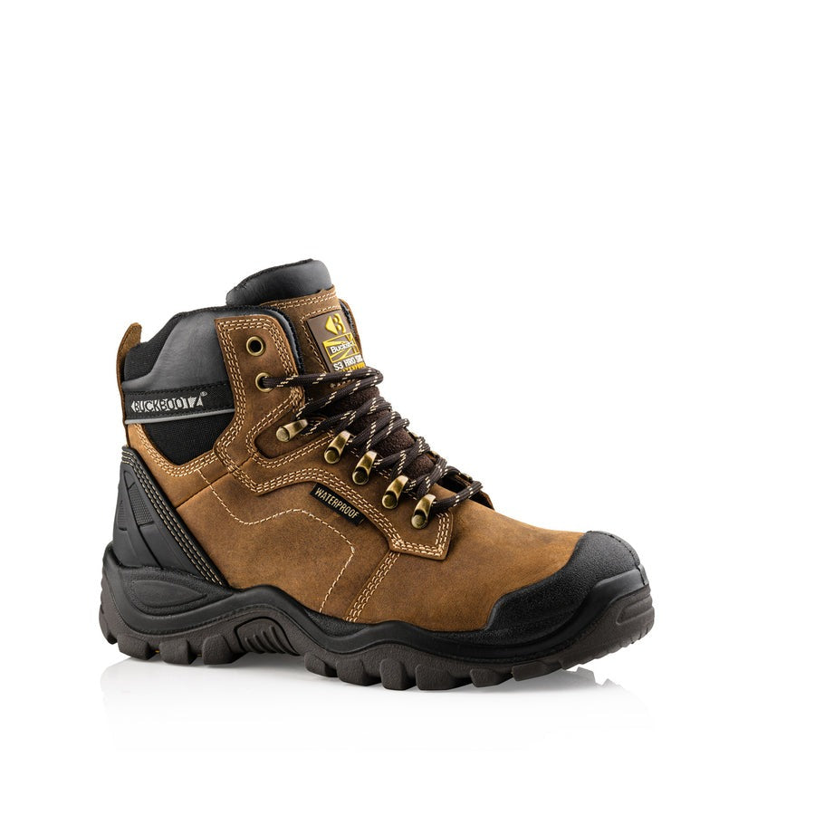 Buckbootz S3 brown leather waterproof steel toe-cap/midsole safety work boot #BSH009