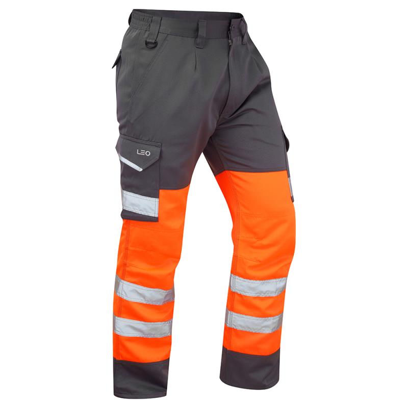 Leo Bideford orange/grey high visibility ISO 20471 polycotton cargo work trouser