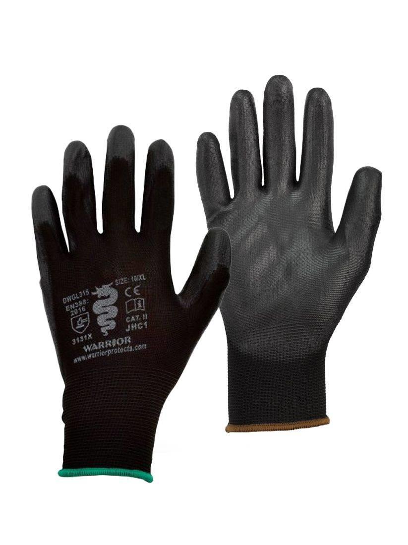Warrior black PU/polyester knitted work gloves (pack of 12 prs)