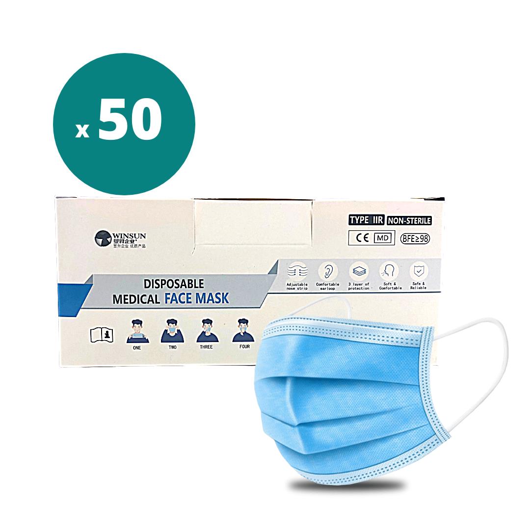 Type IIR disposable surgical medical blue face masks (pack of 50) EN14683 Expiry 09/2023