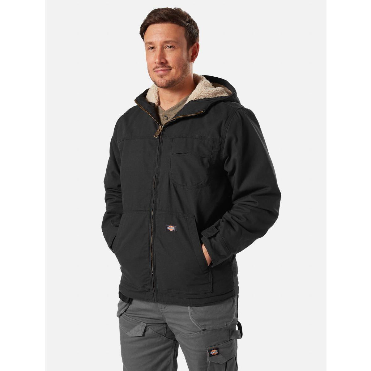 Dickies Sherpa-lined rinsed black brass zip hooded winter Duck jacket