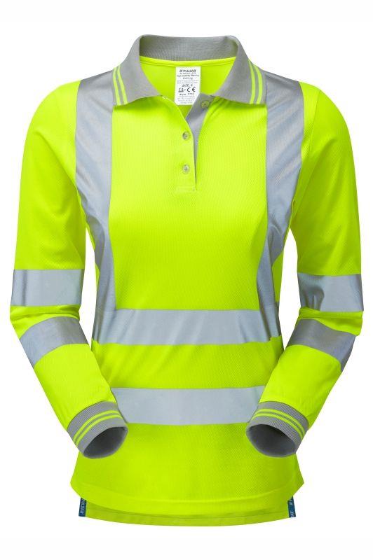 PULSAR® ladies long-sleeve hi-viz yellow moisture-wicking polo shirt #P702