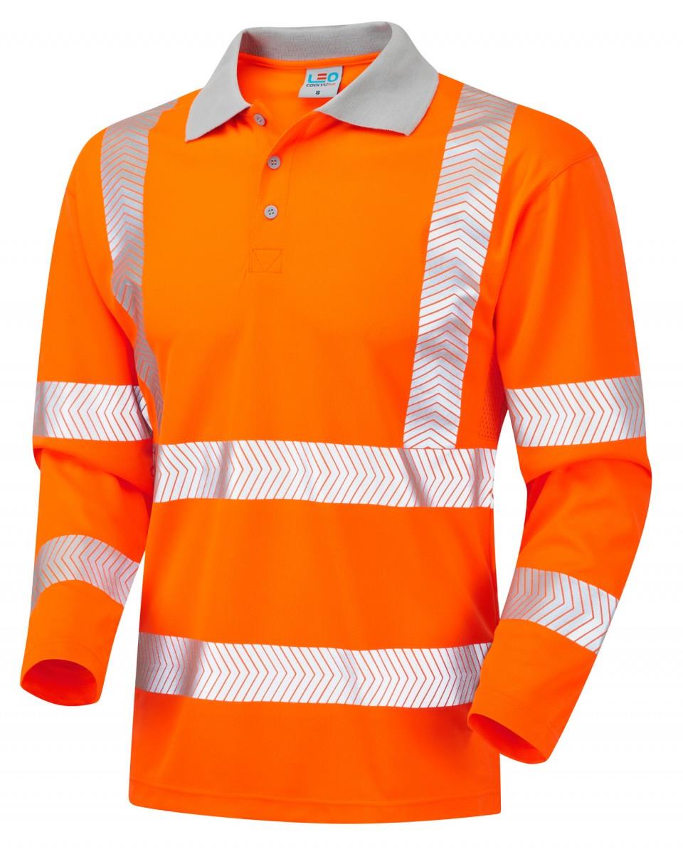 Leo BARRICANE recycled sustainable high visibility orange long sleeve polo shirt