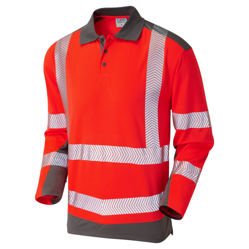 Leo WRINGCLIFF recycled sustainable high visibility red/grey Coolviz polo shirt