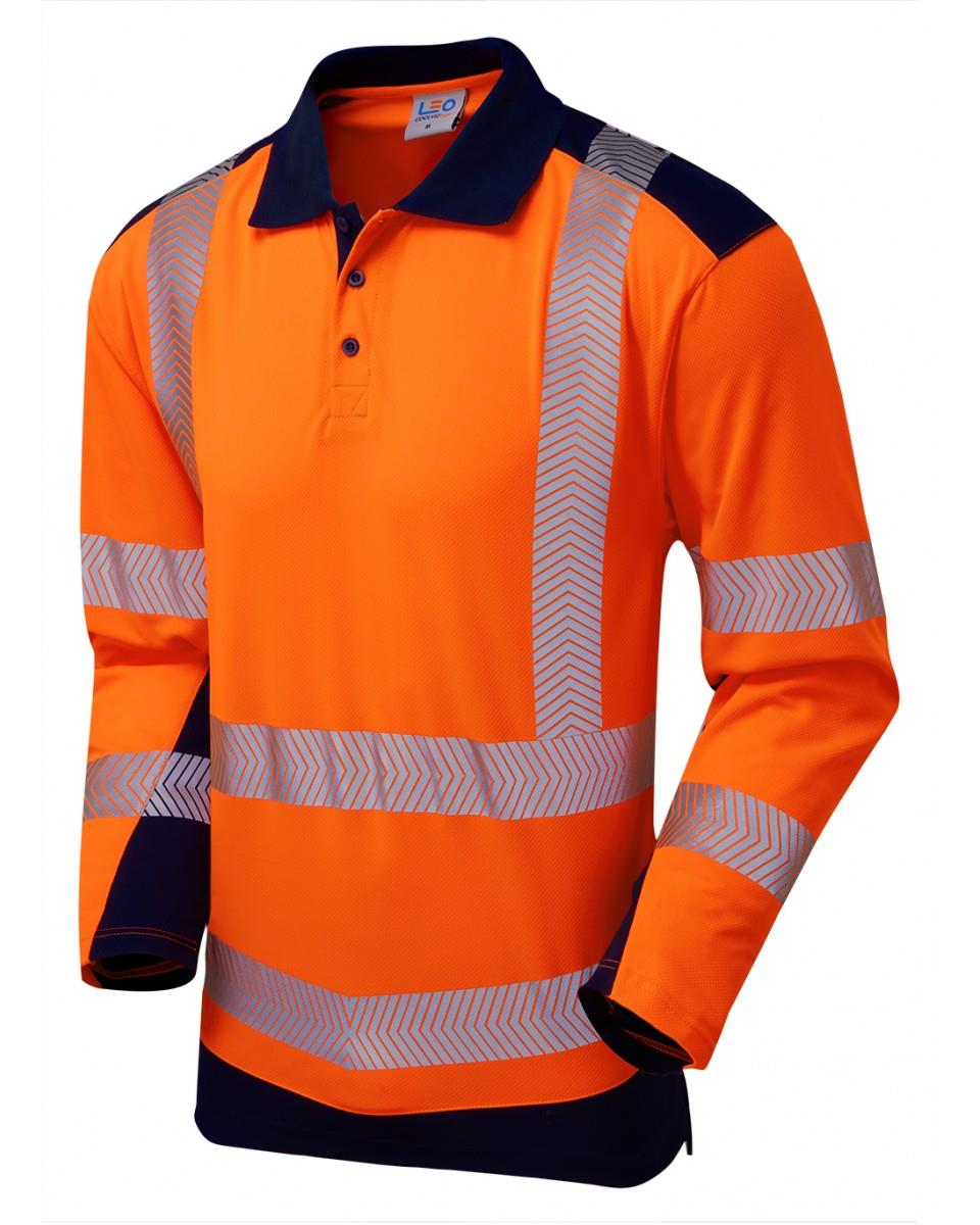 Leo WRINGCLIFF recycled sustainable high visibility orange/navy polo shirt