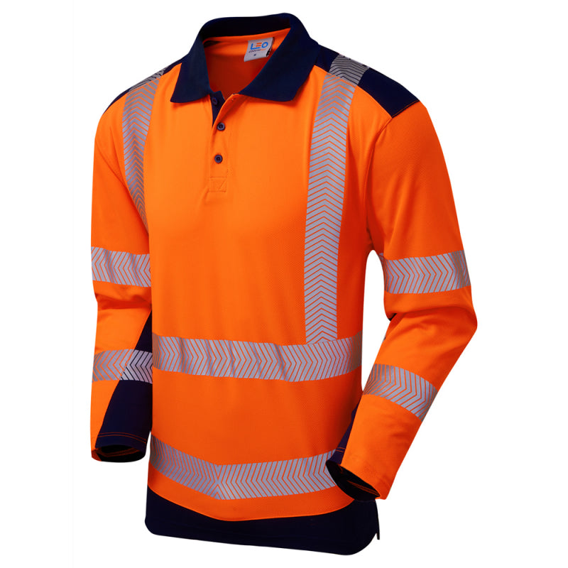 Leo WRINGCLIFF recycled sustainable high visibility orange/navy polo shirt