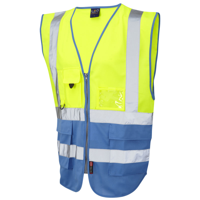 Leo LYNTON recycled sustainable source superior high visibility yellow/sky waistcoat #W11