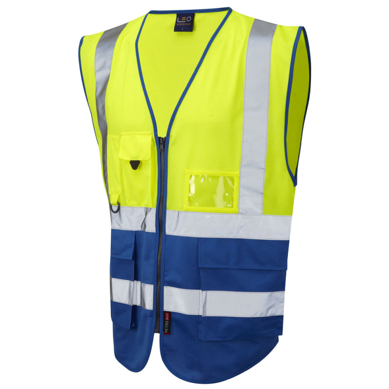 Leo LYNTON recycled sustainable source superior high visibility yellow/royal waistcoat #W11