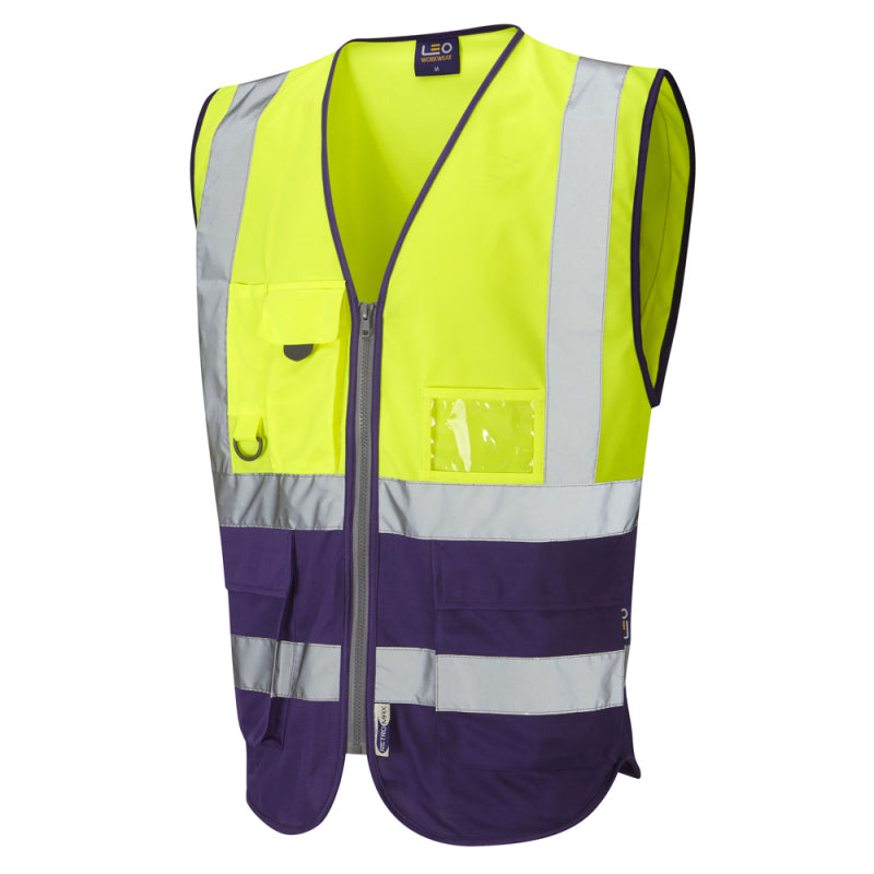 Leo LYNTON recycled sustainable source superior high visibility yellow/purple waistcoat #W11
