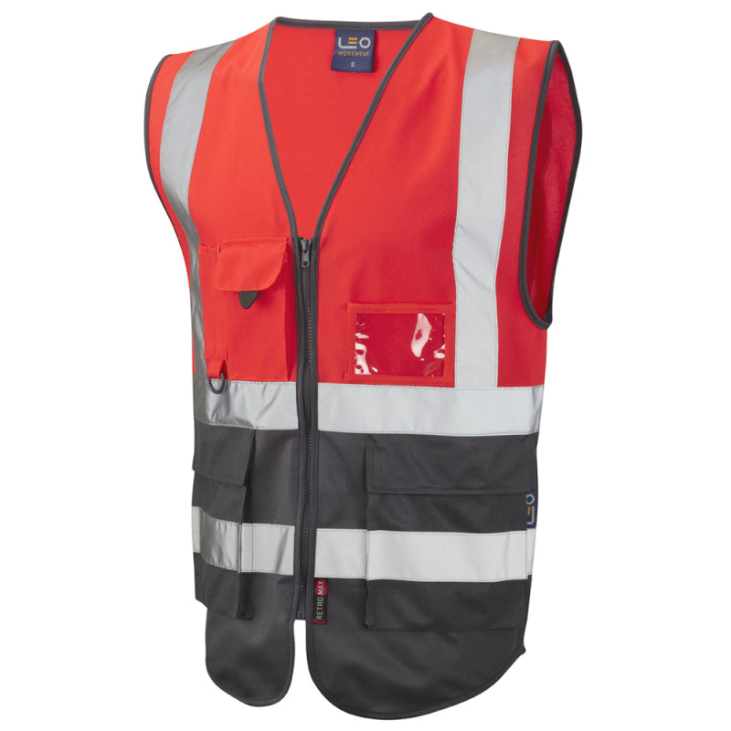 Leo LYNTON recycled sustainable source superior high visibility red/grey waistcoat #W11
