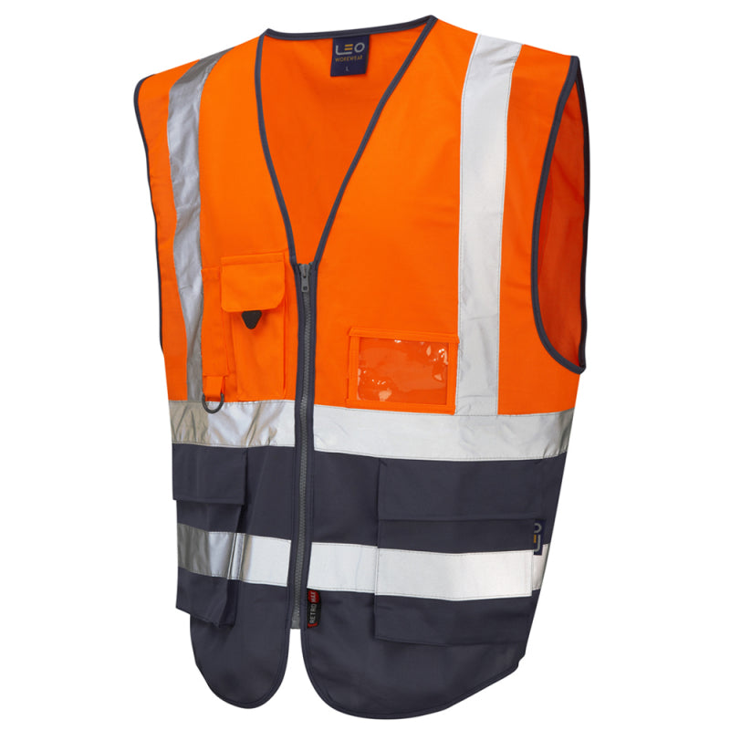Leo LYNTON recycled sustainable source superior high visibility orange/navy waistcoat #W11