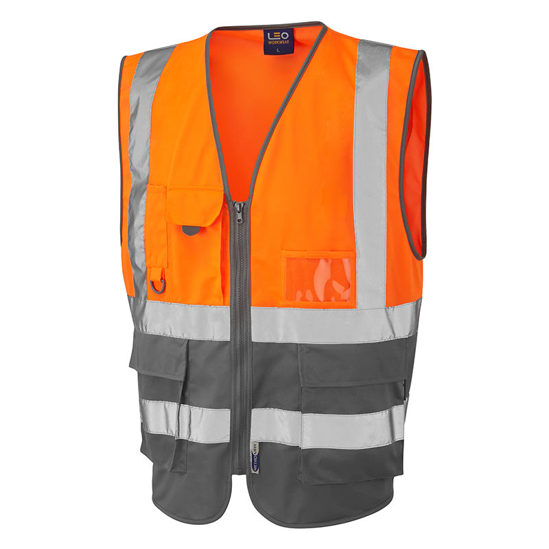 Leo LYNTON recycled sustainable source superior high visibility orange/grey waistcoat #W11