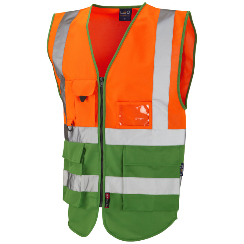 Leo LYNTON recycled sustainable source superior high visibility orange/green waistcoat #W11