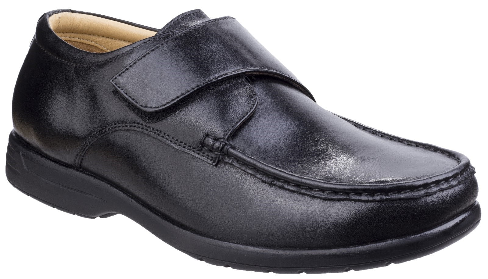 Fleet & Foster Fred black leather touch fastening moccasin shoe