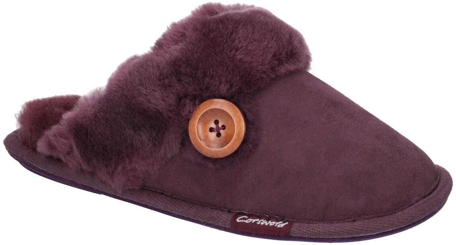 Cotswold Lechlade women's purple suede sheepskin-lined slip-on mule slipper