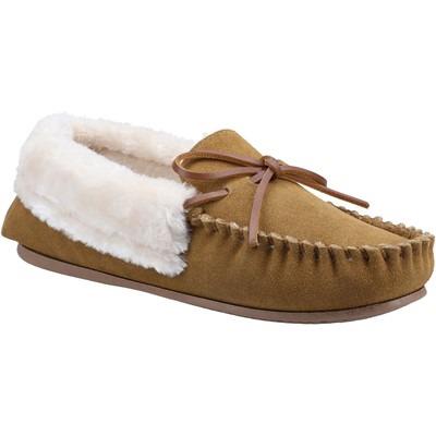 Cotswold Sopworth women's tan suede faux fur-lined moccasin classic slipper