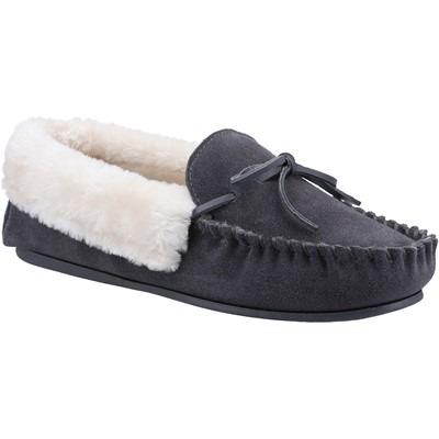 Cotswold Sopworth women's grey suede faux fur-lined moccasin classic slipper