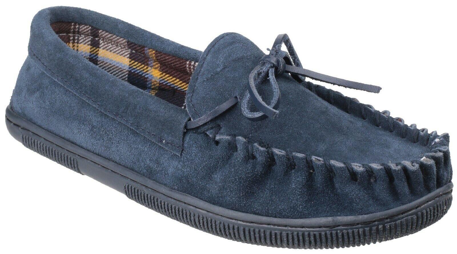 Cotswold Alberta navy blue suede textile lined slip-on moccasin slipper