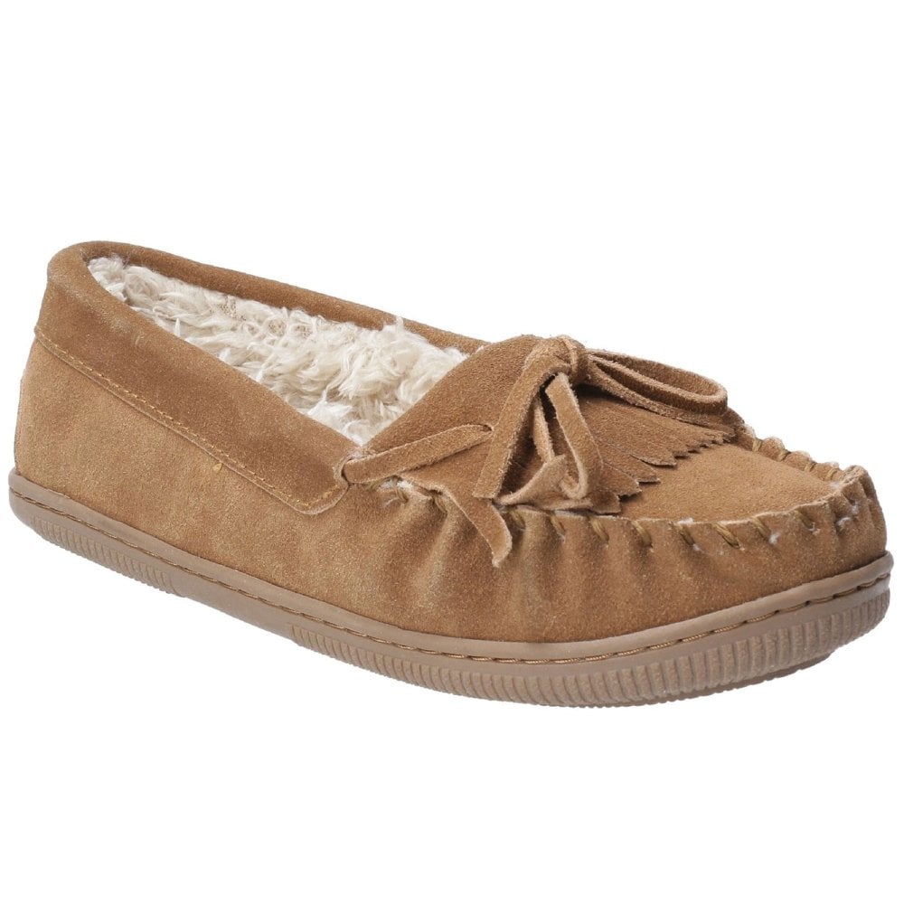 Hush Puppies Addy ladies tan memory foam warm fur lined moccasin slippers