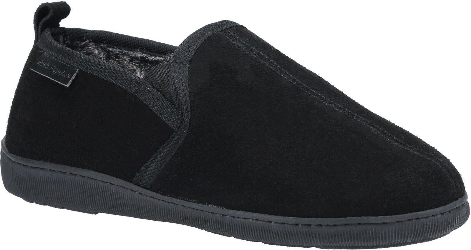 Hush Puppies Arnold black suede memory foam fur lined cosy slip on slippers