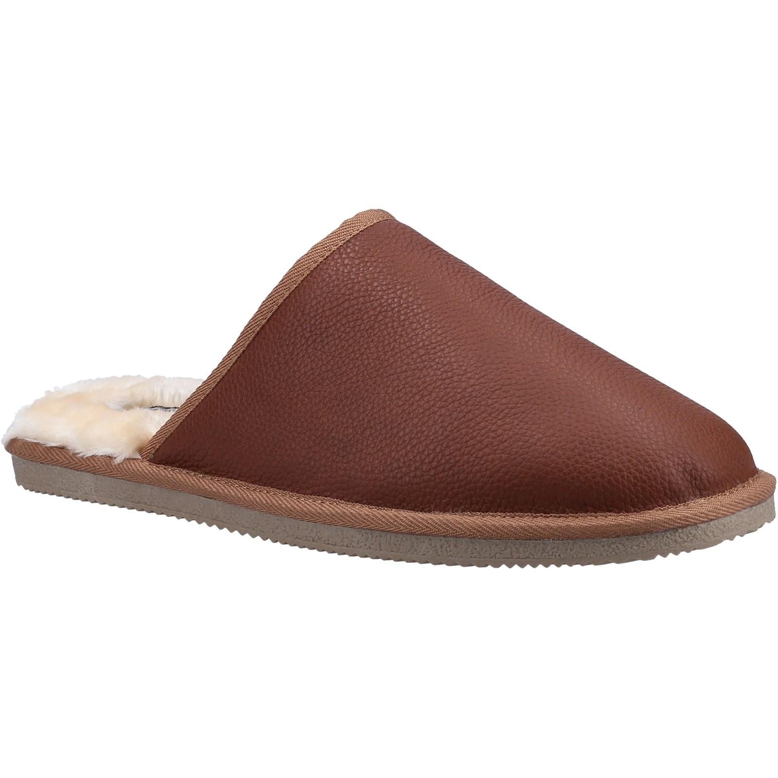Hush Puppies Coady tan leather memory foam comfy fur lined slip on mule slippers