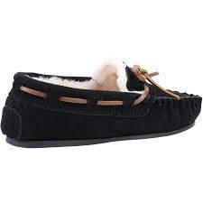 Hush Puppies Addison black suede upper faux fur lined moccasin slipper