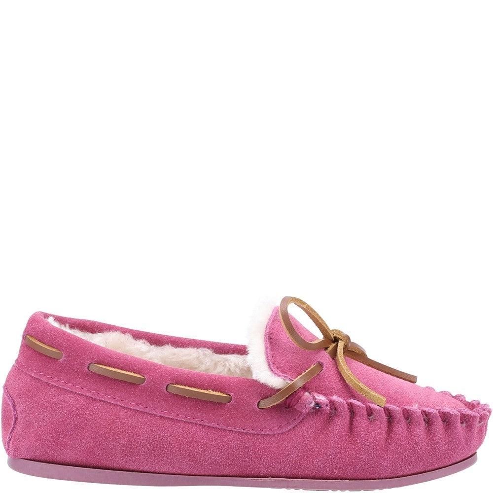 Hush Puppies Addison pink suede upper faux fur lined moccasin slipper
