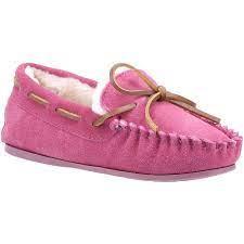Hush Puppies Addison pink suede upper faux fur lined moccasin slipper