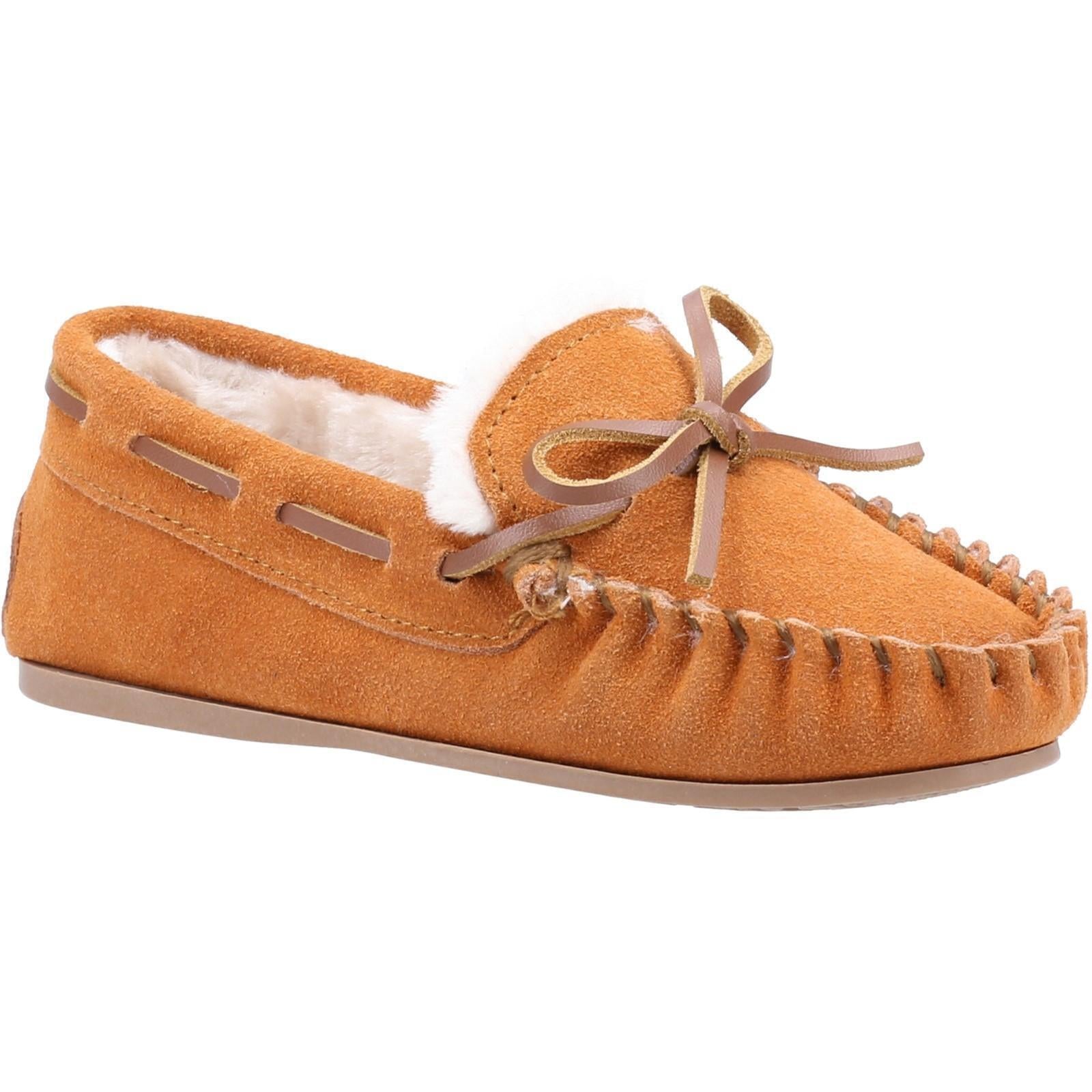 Hush Puppies Addison tan suede upper faux fur lined moccasin slipper