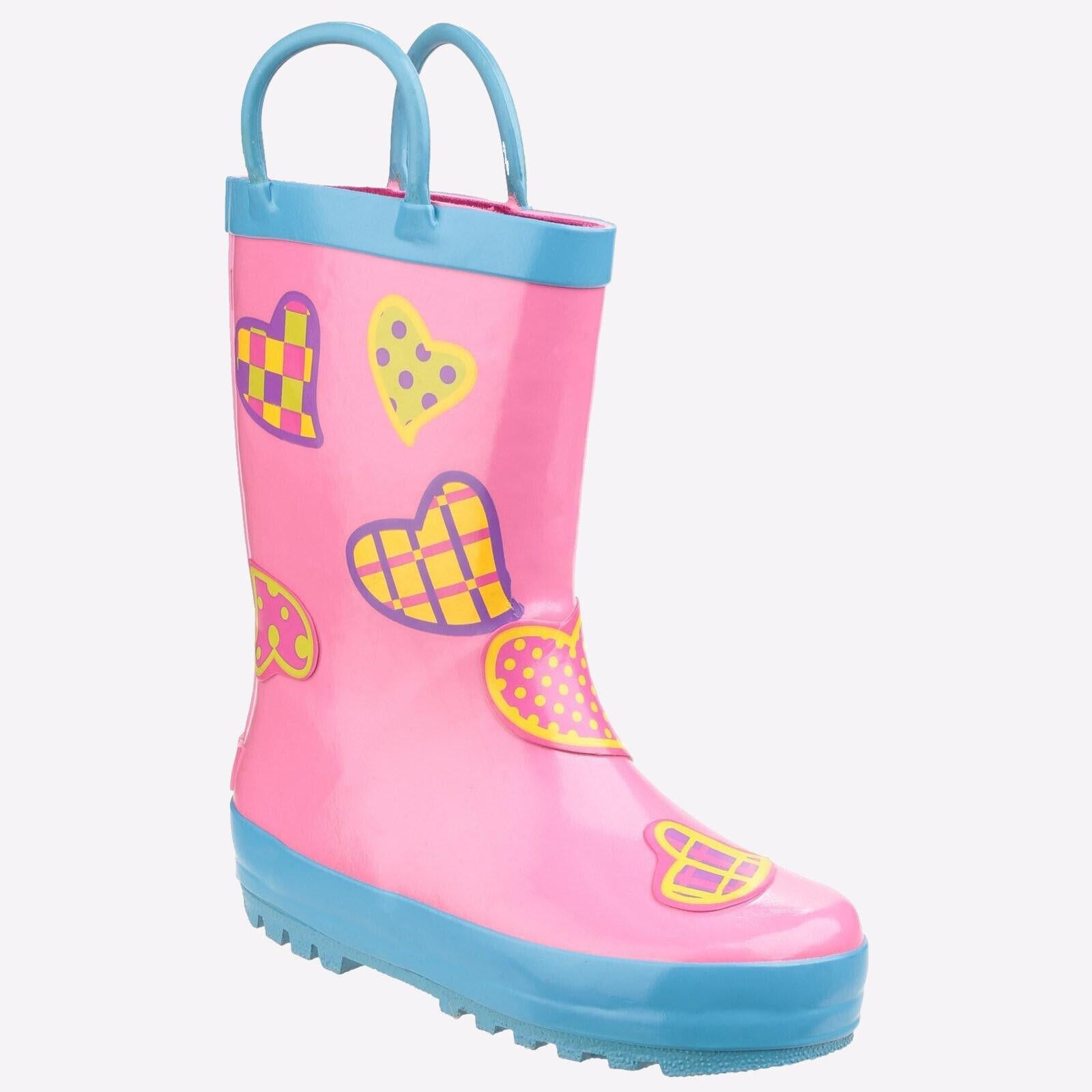 Cotswold Puddle Hearts print kid's rubber waterproof pull-on wellington boot