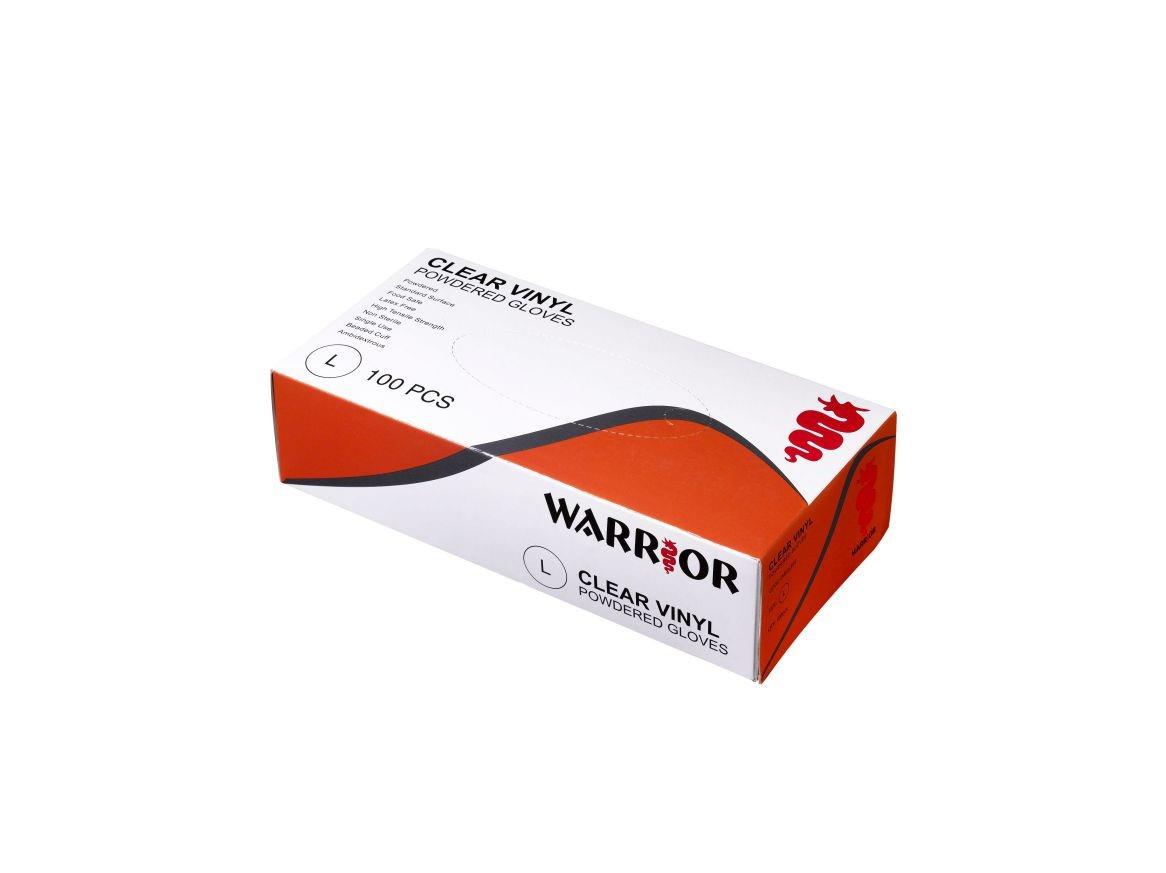 Warrior clear vinyl powdered disposable gloves (box 100) #0117DWGL365
