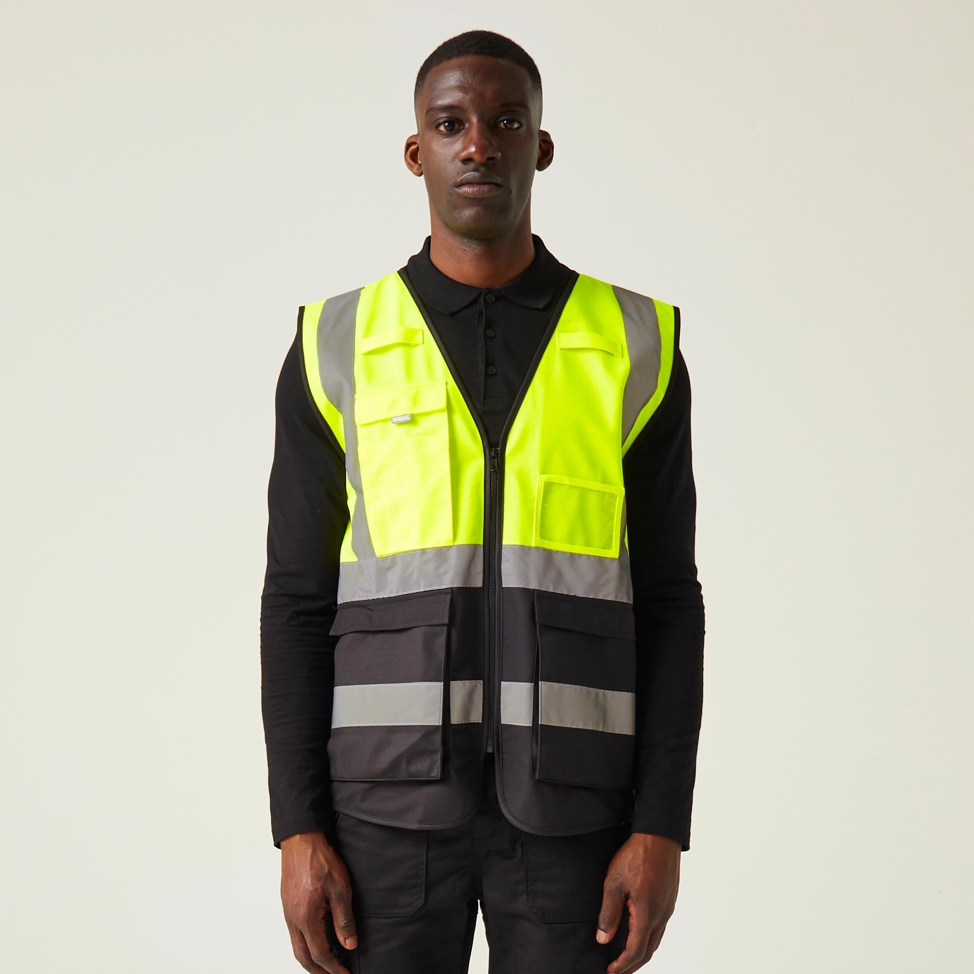 Regatta Pro Executive yellow/black hi-vis unisex zip-front multi-pocket waistcoat #TRS251