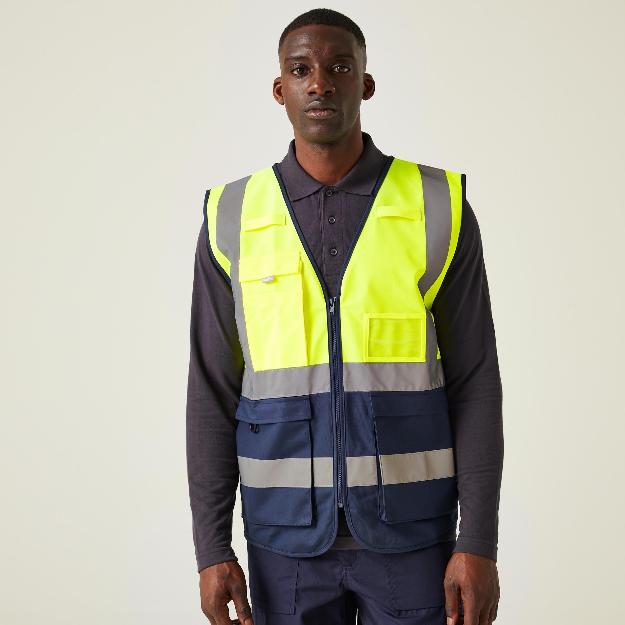 Regatta Pro Executive yellow/navy hi-vis unisex zip-front multi-pocket waistcoat #TRS251