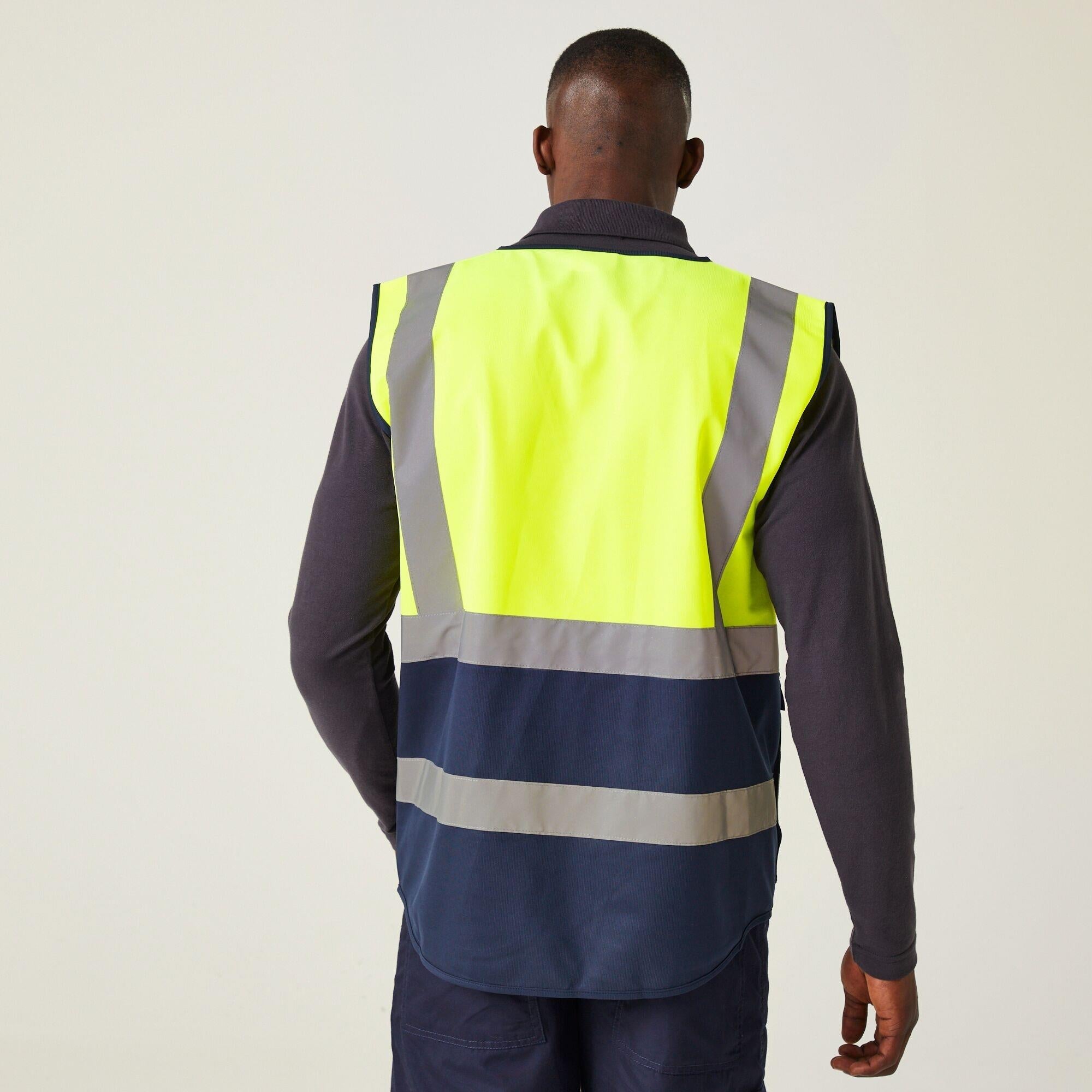 Regatta Pro Executive yellow/navy hi-vis unisex zip-front multi-pocket waistcoat #TRS251