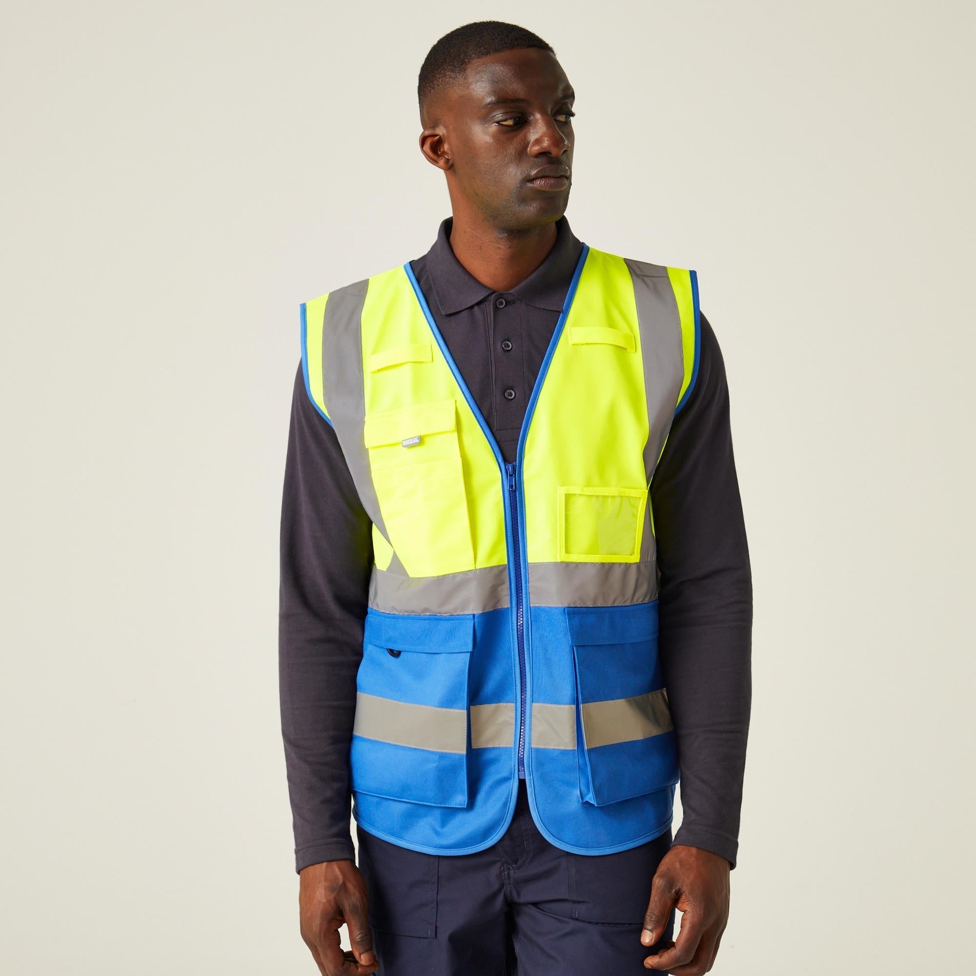 Regatta Pro Executive yellow/royal blue hi-vis unisex zip-front multi-pocket waistcoat #TRS251
