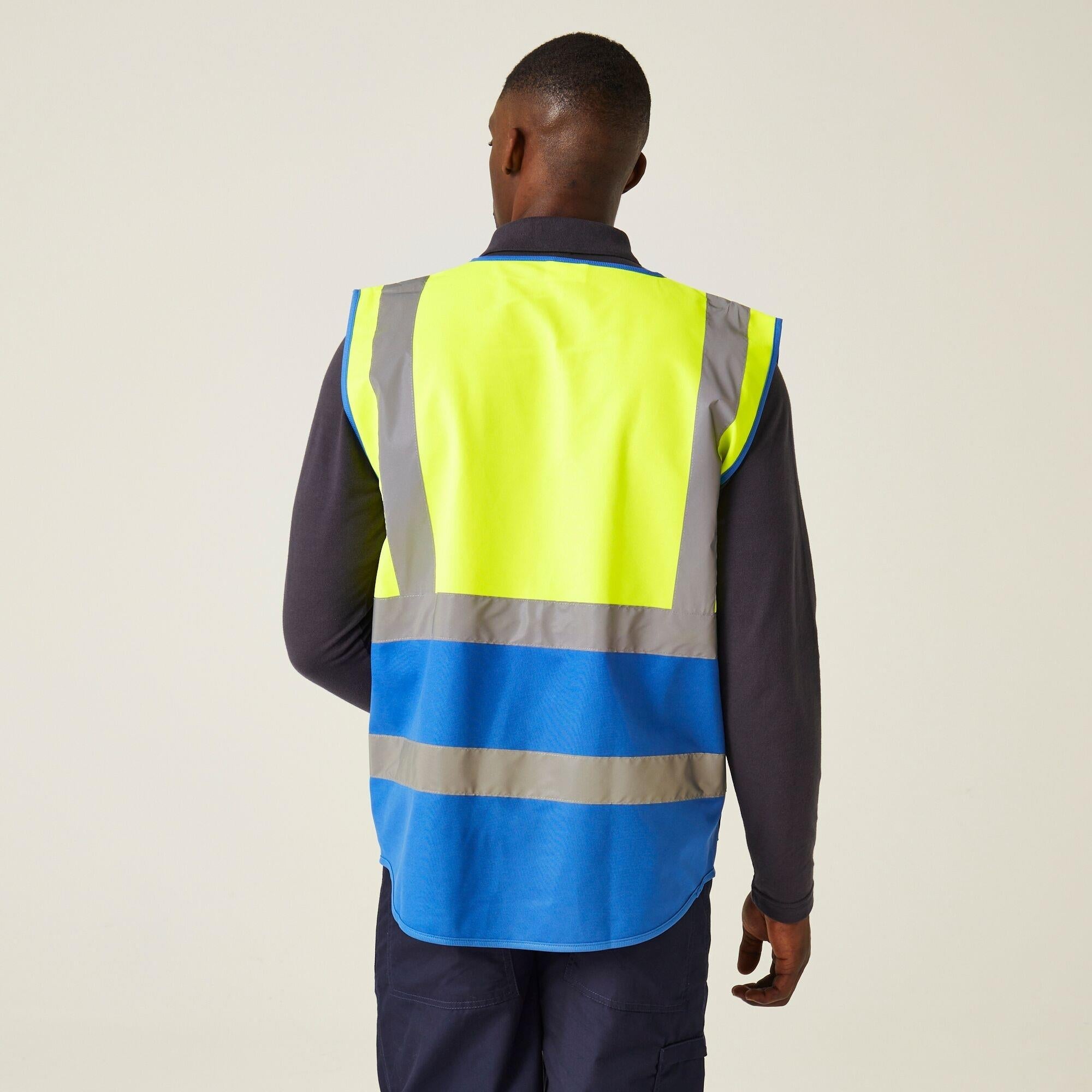 Regatta Pro Executive yellow/royal blue hi-vis unisex zip-front multi-pocket waistcoat #TRS251