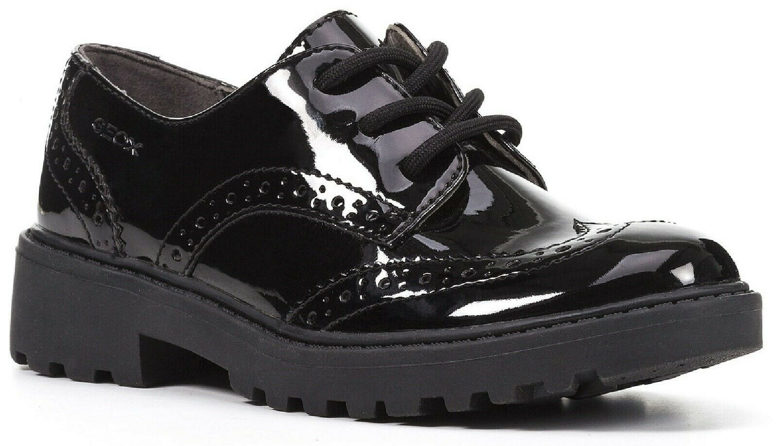 Geox J Casey G.N black patent lace up girls breathable school shoe#J6420N