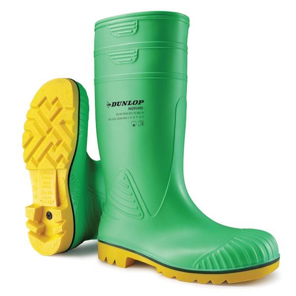 Dunlop Acifort HazGuard S5 green steel toe/midsole chemical safety wellington boot #A442AB