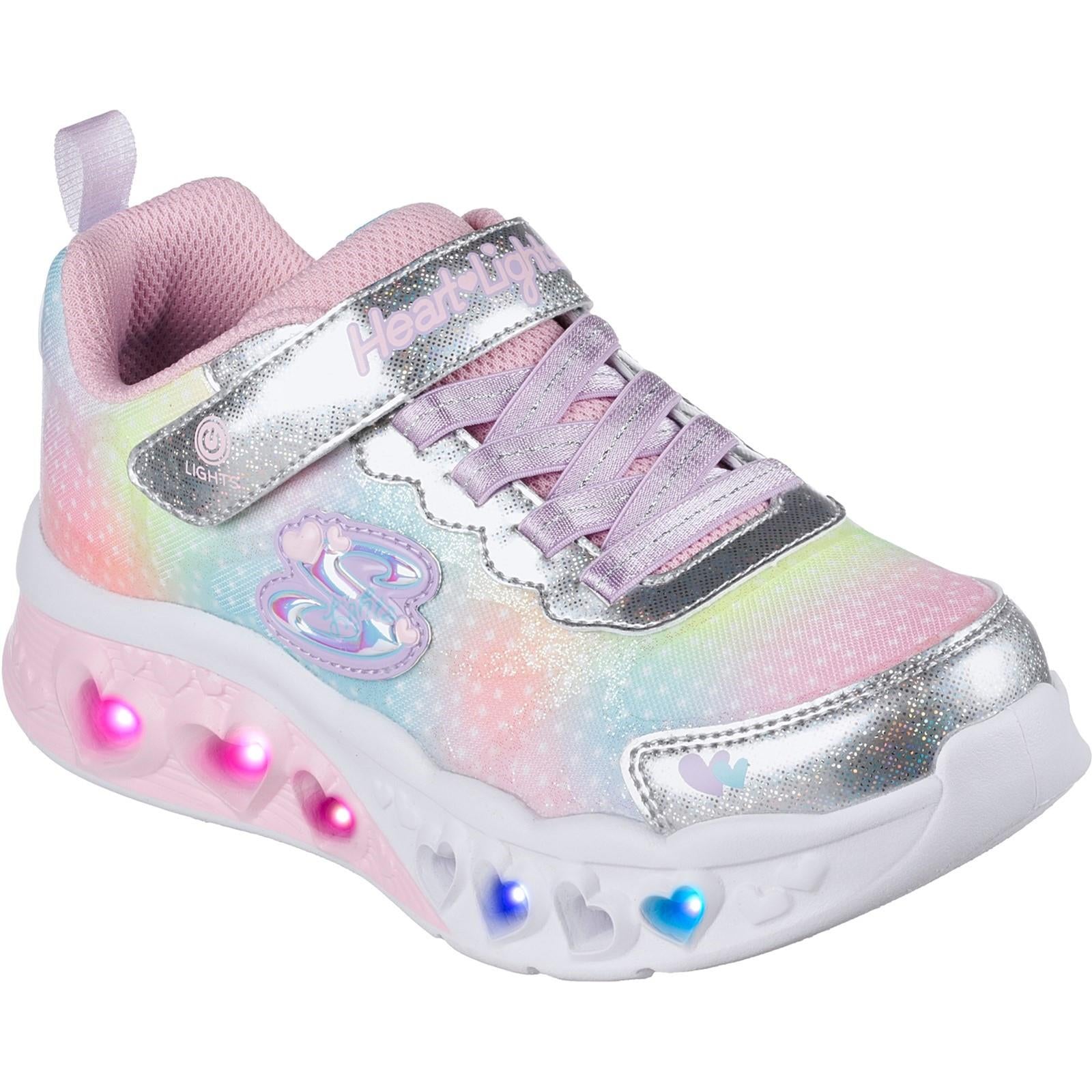 Skechers Flutter Heart Lights Simply Love kids silver touch fasten trainer #SK302315L