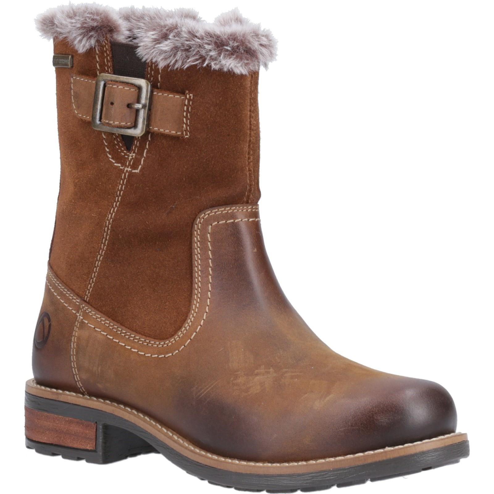 Cotswold Kemerton womens tan leather faux fur lined winter biker ankle boots