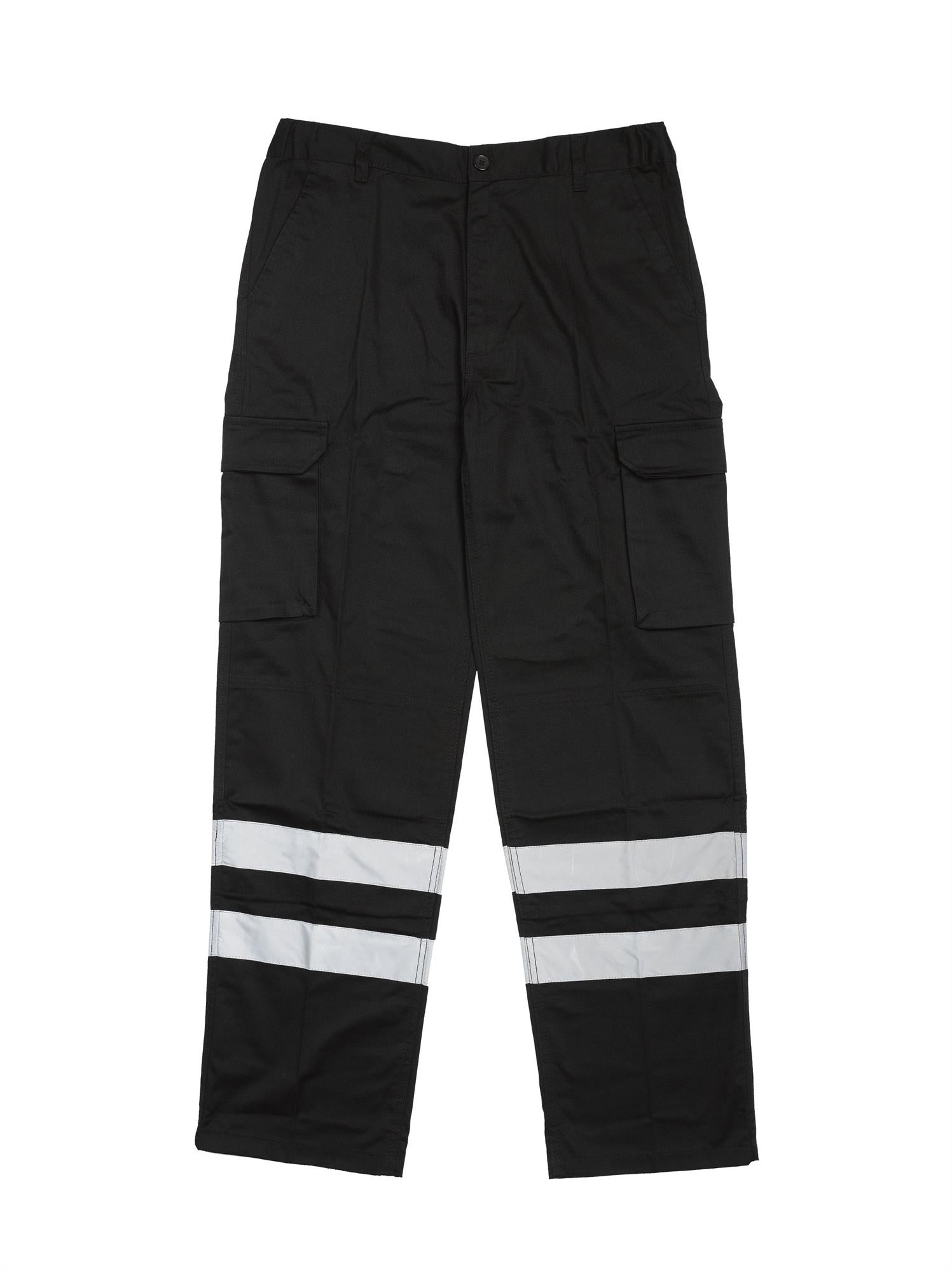 Warrior mens black multi pocket polycotton cargo reflective work trousers