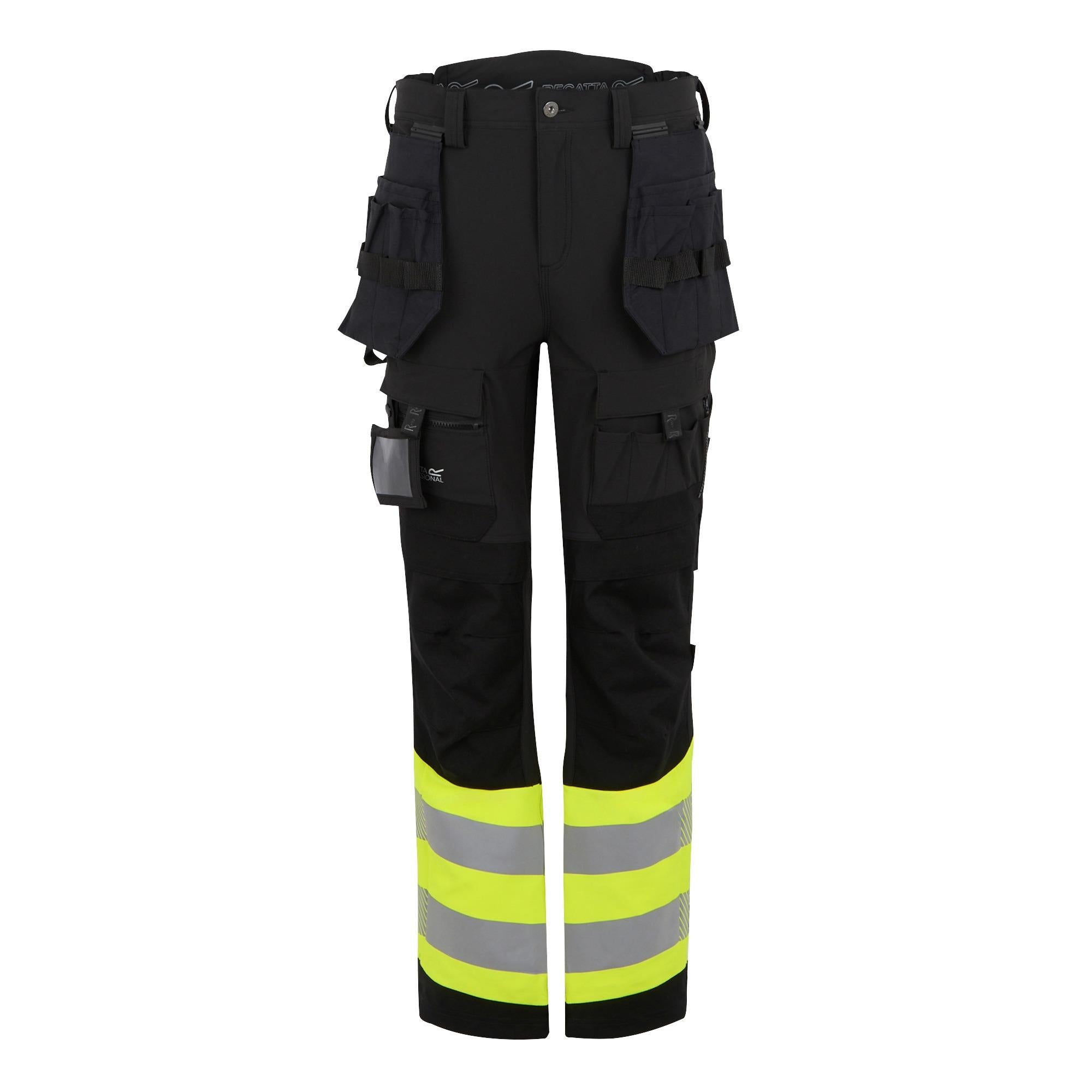 Regatta Hi-Vis X-Pro black/yellow holster slim fit stretch work trousers #TRJ480