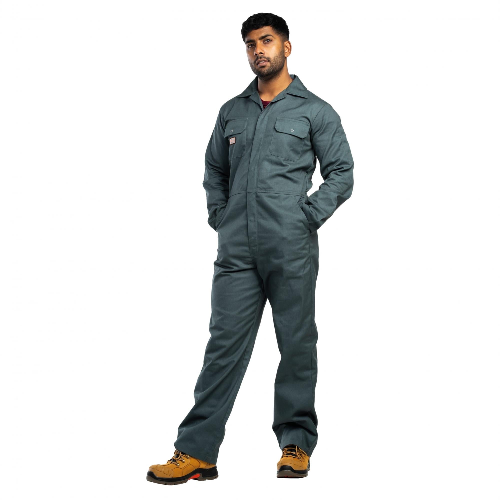 Unbreakable green polycotton stud-front multi-pocket coverall #U276
