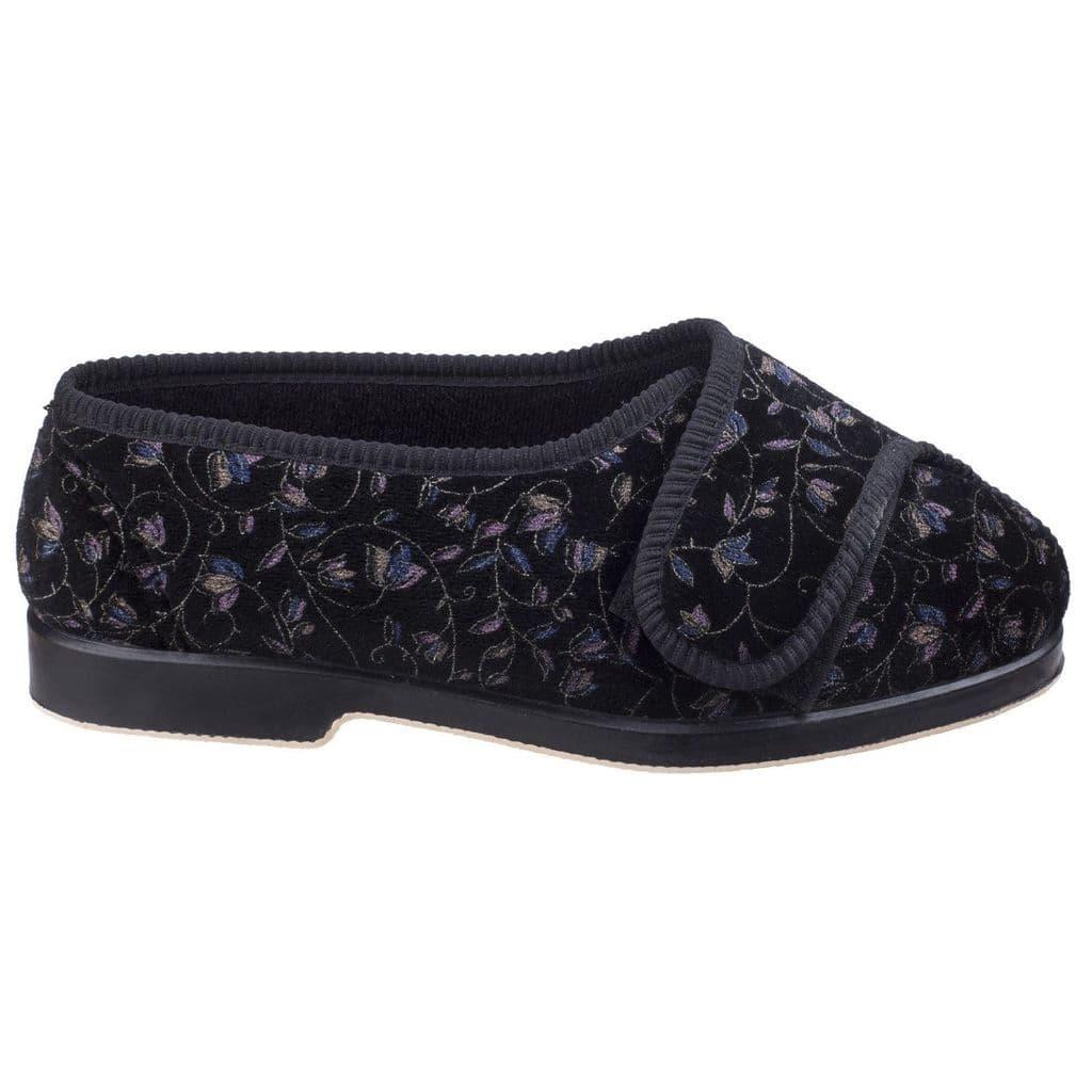 GBS Nola women's black touch-fasten adjustable extra wide-fit medical slipper