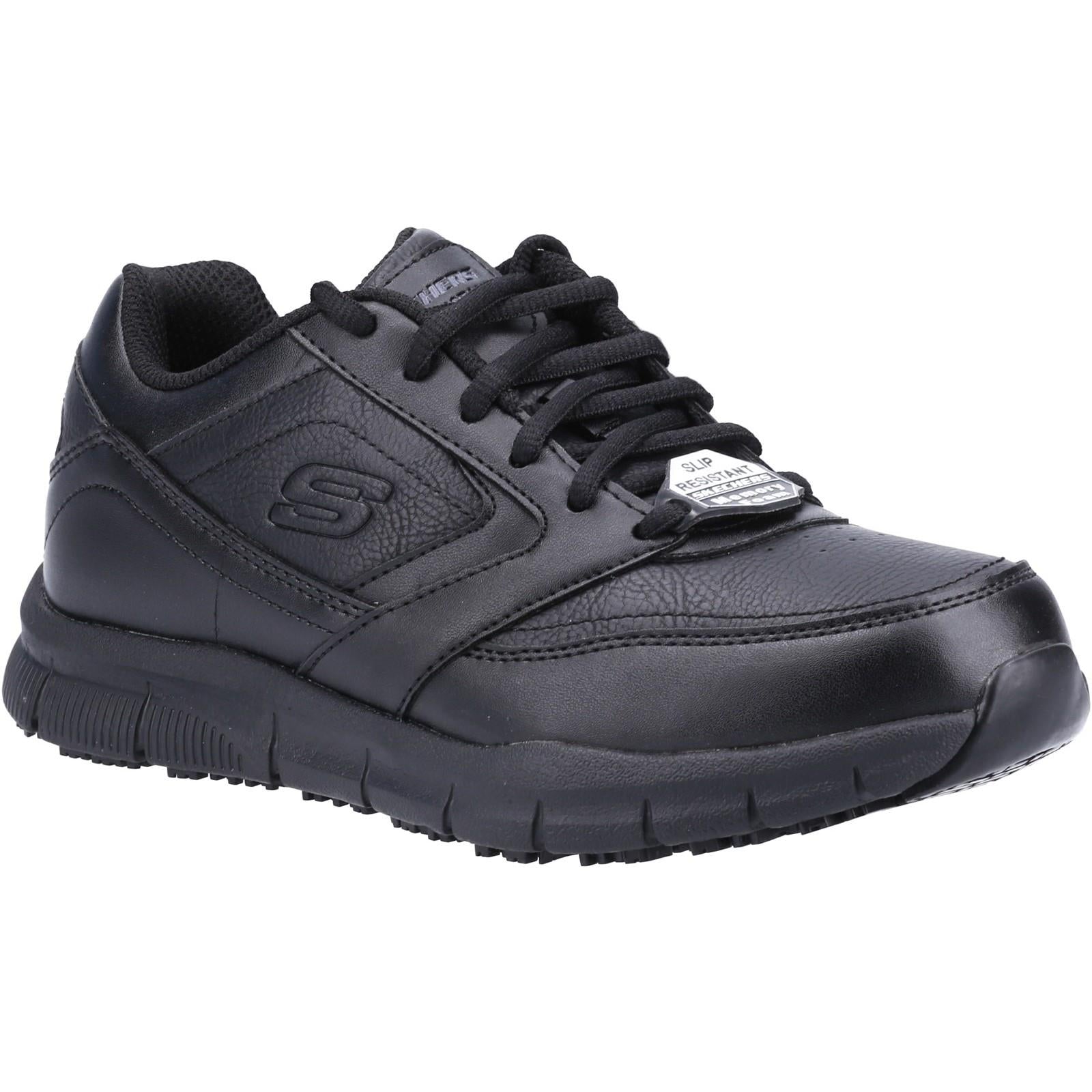 Skechers Nampa Wyola women's black faux-leather slip-resistant work trainer #SK77235EC