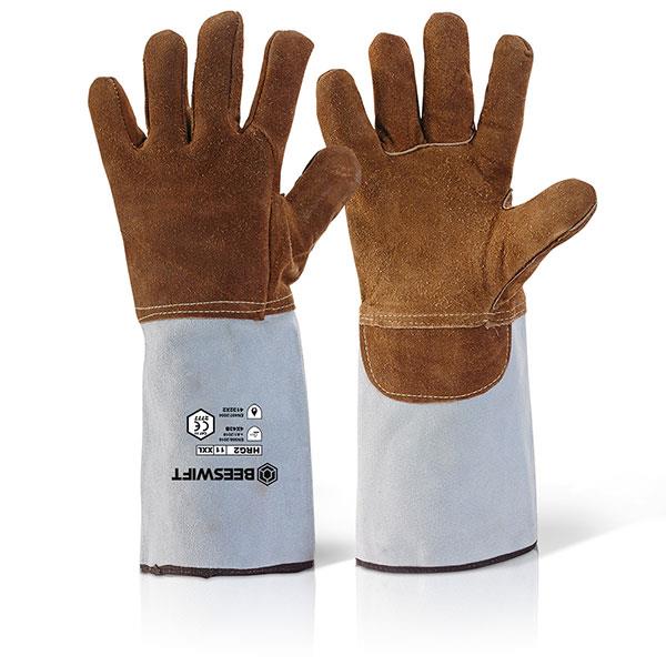 Brown leather heat-resistant cotton/canvas lined premium gauntlet - 10 pair
