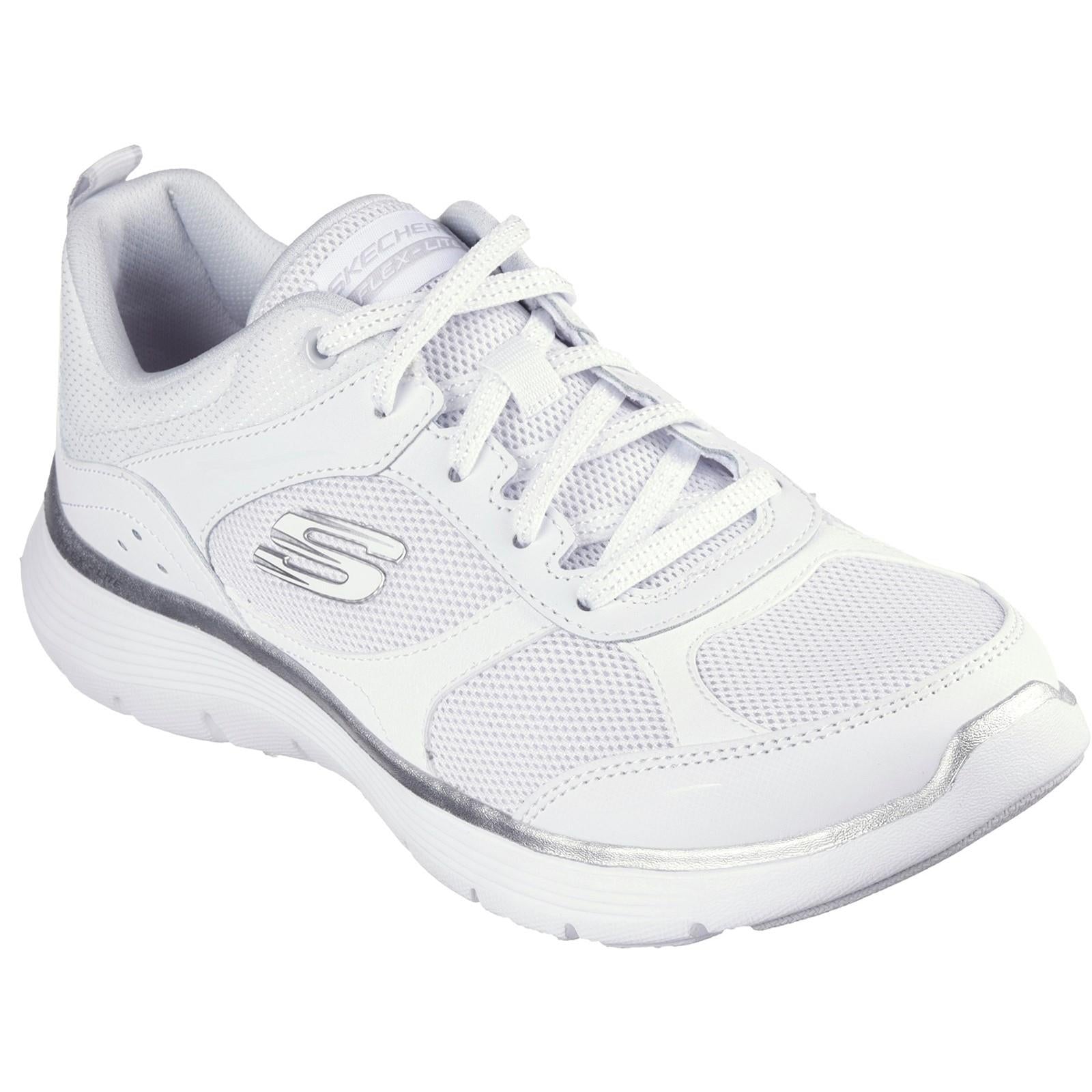 Skechers Flex Appeal 5.0 Fresh Touch womens white silver memory foam trainers #150202