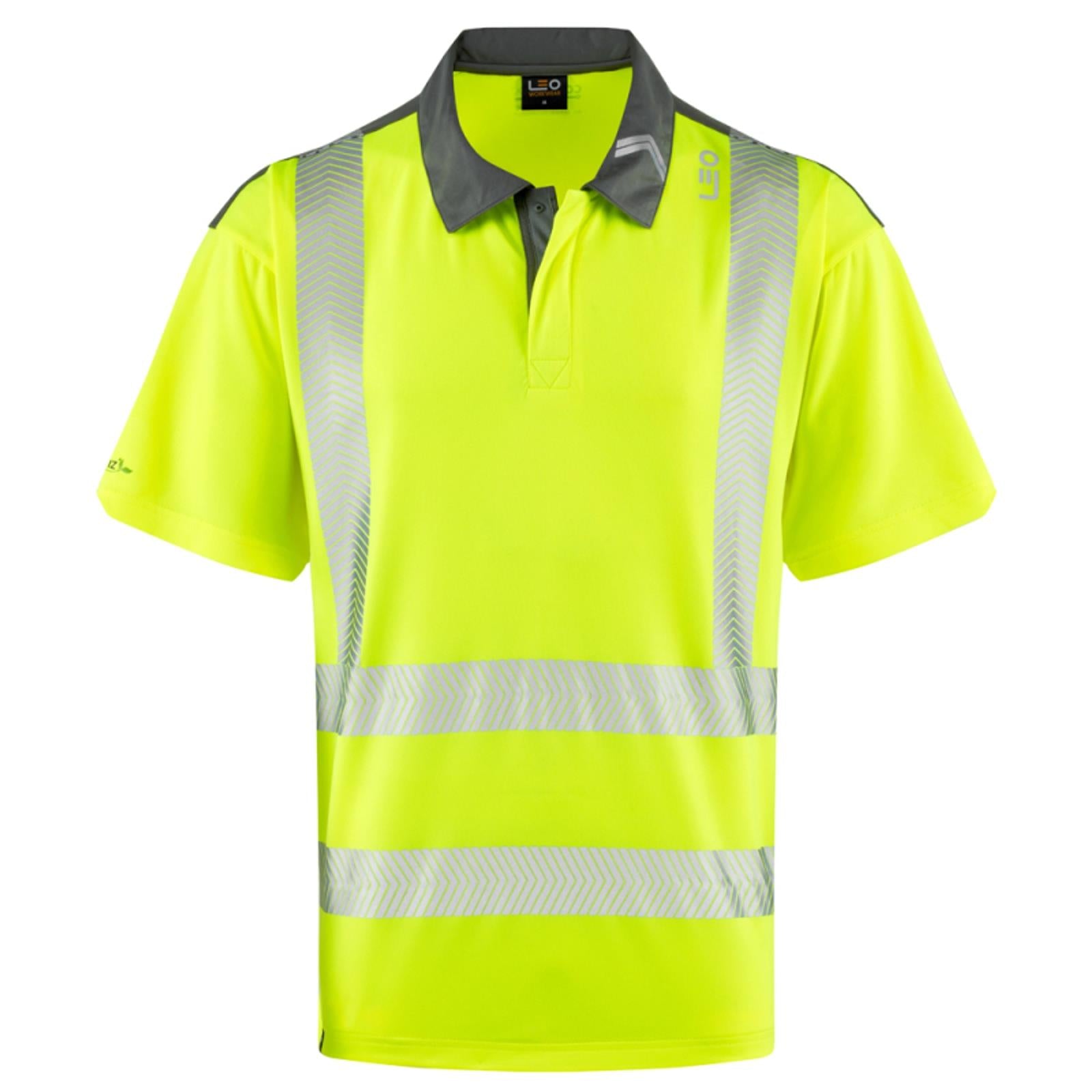 Leo Trimstone Coolmax recycled high visibility yellow work polo shirt