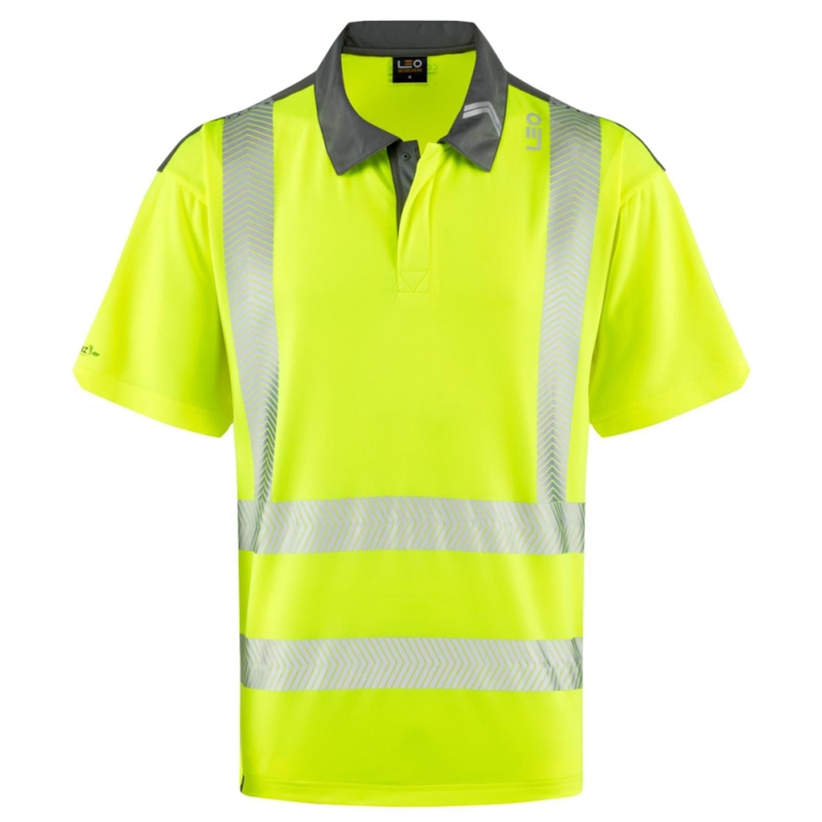 Leo Trimstone Coolmax recycled high visibility yellow work polo shirt
